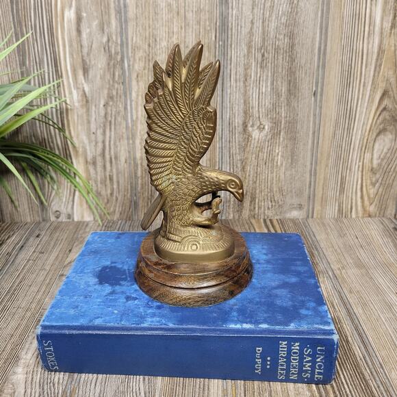 Vintage Brass Eagle Paperweight, Wood Base Figurine - Picture 2 of 8